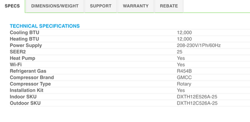 DXTH12X526A-25 18,000 BTU - Price includes installation