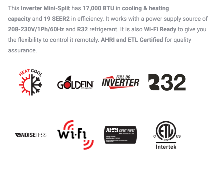 MKTH-17 Series - 18,000 BTU - Price includes installation