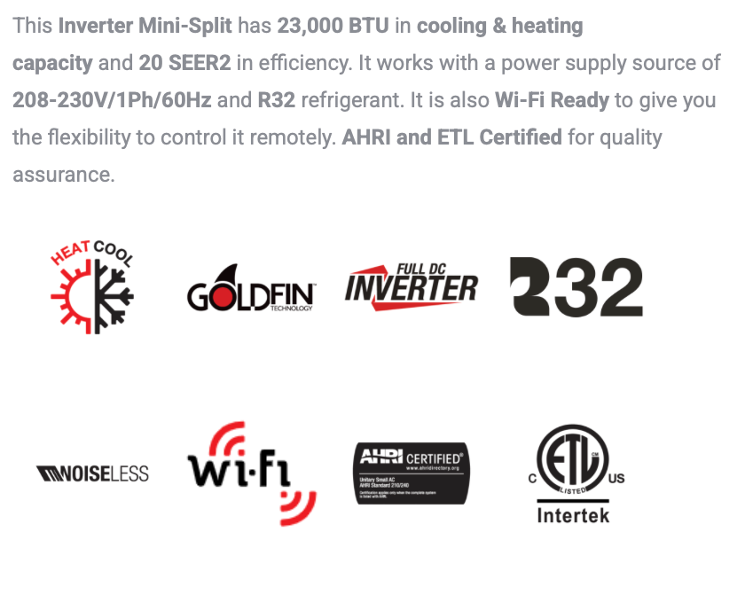 MKTH-17 Series - 24,000 BTU - Price includes installation