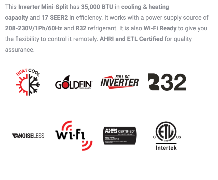 MKTH-17 Series - 36,000 BTU - Price includes installation